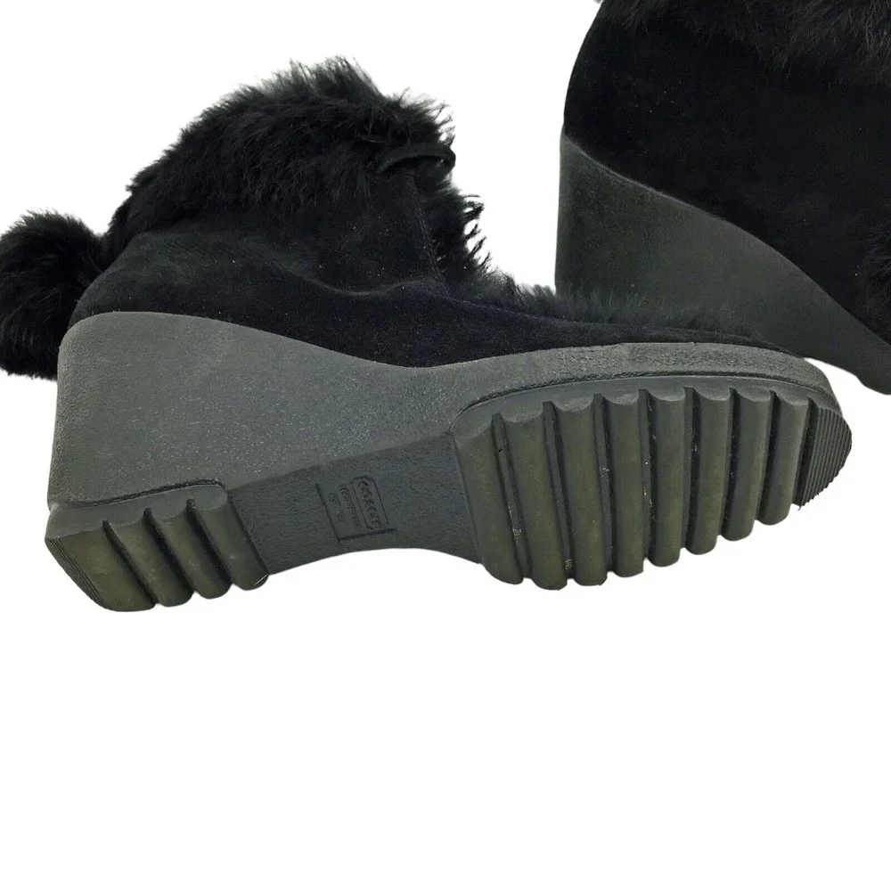 COACH Kataya Black Suede Rabbit Fur Trim Lace Up‎ Wedge Booties